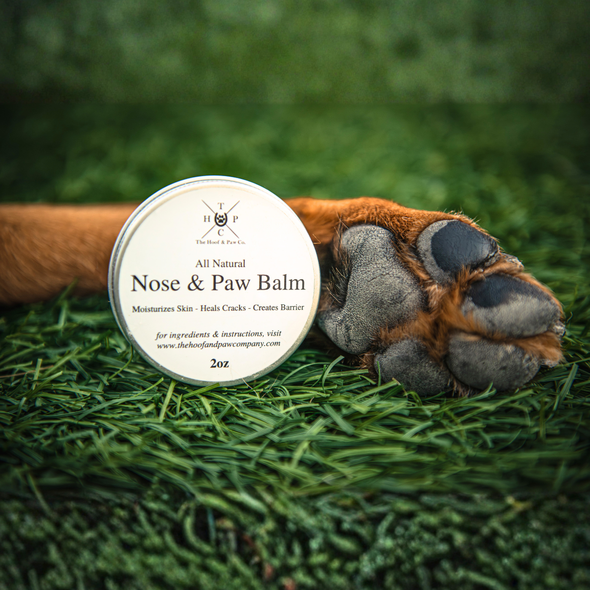 All-natural nose & paw balm in 2 oz round metal tin with label
