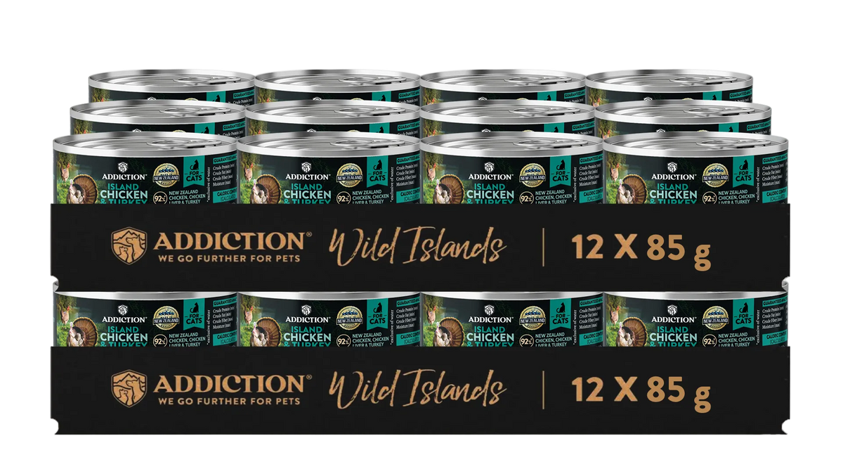 Twelve-pack Wild Islands chicken & turkey canned cat food, 12x85 g