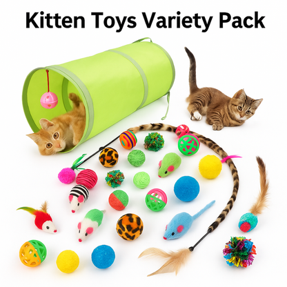 Green cat play tunnel with assorted colorful balls, plush mice, and feather accessories
