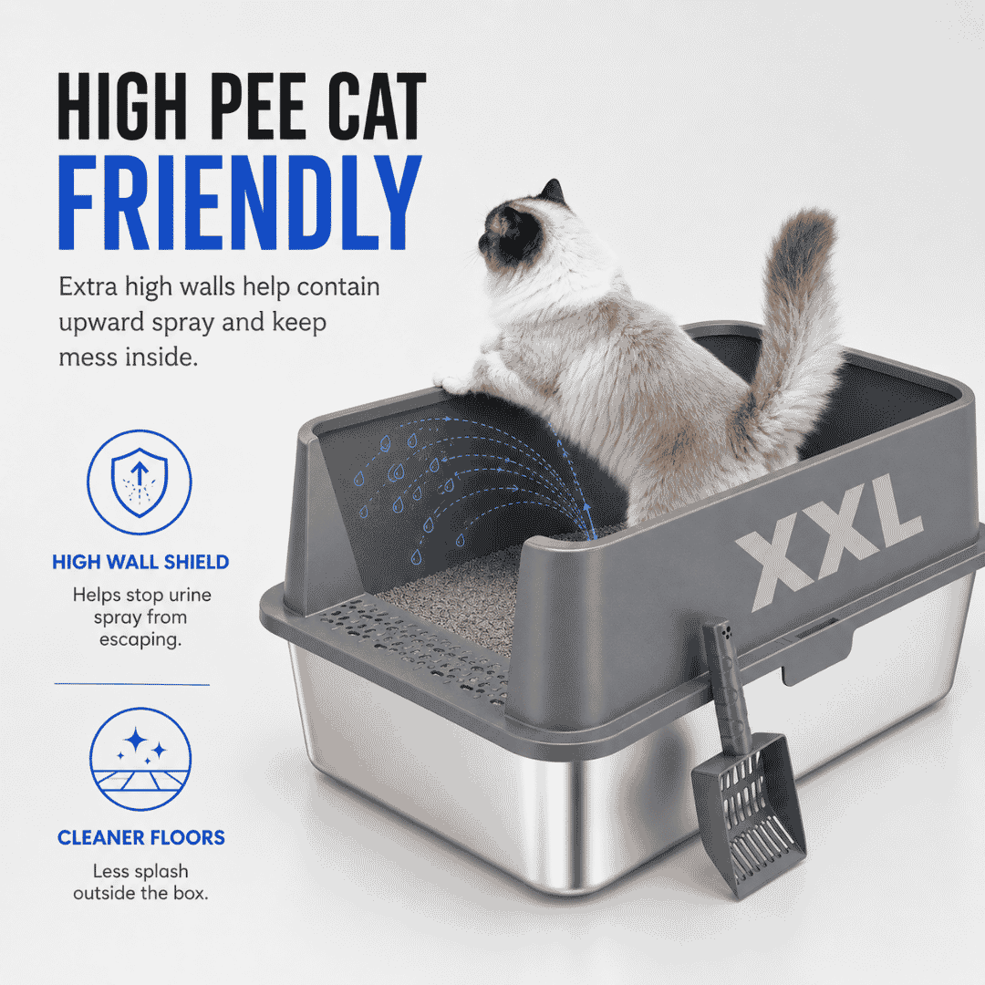 XXL 304 stainless steel cat litter box with high walls, XXL side shield and scoop