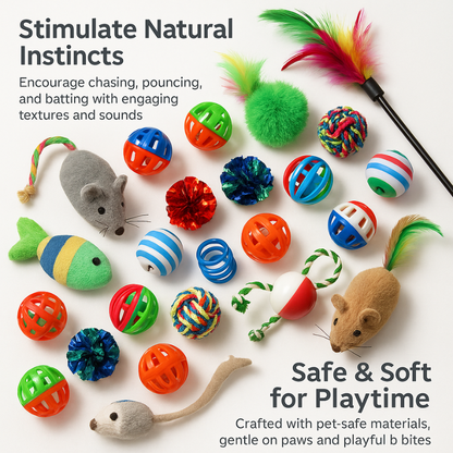 Assorted cat toy set with soft plush mice, crinkle pom-poms, and rainbow ball toys