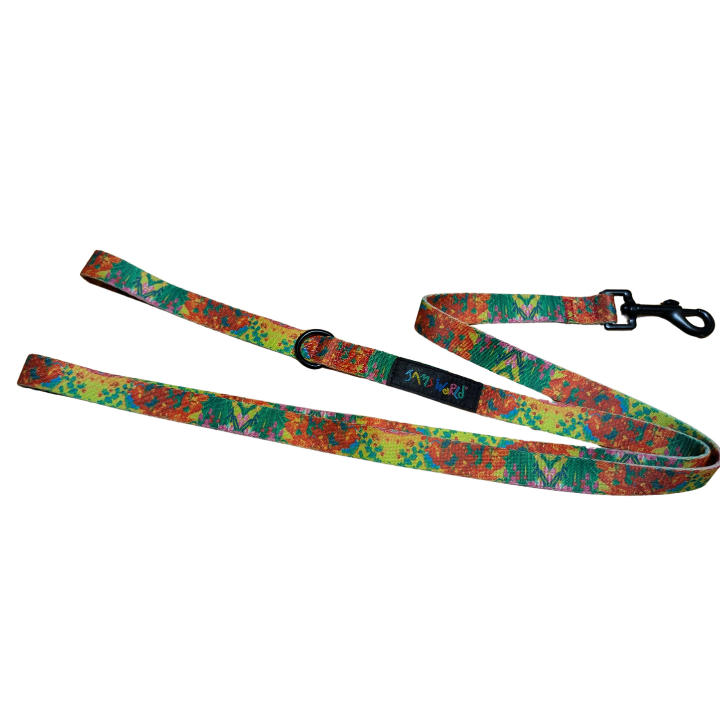 Colorful floral pet leash with metal clasp and D-ring, Bouquet Burst pattern