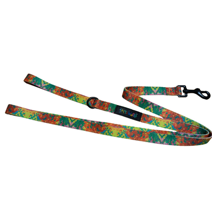Colorful floral pet leash with metal clasp and D-ring, Bouquet Burst pattern