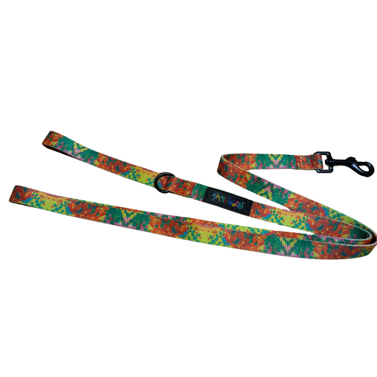 Colorful floral pet leash with metal clasp and D-ring, Bouquet Burst pattern