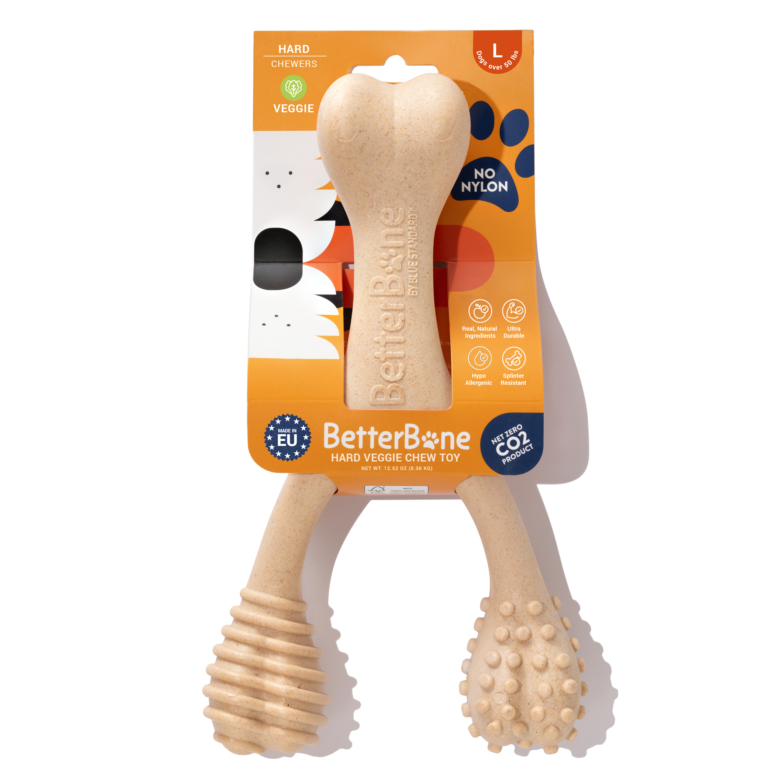BetterBone hard veggie chew toy for large dogs, durable natural ingredients, no nylon, splinter resistant