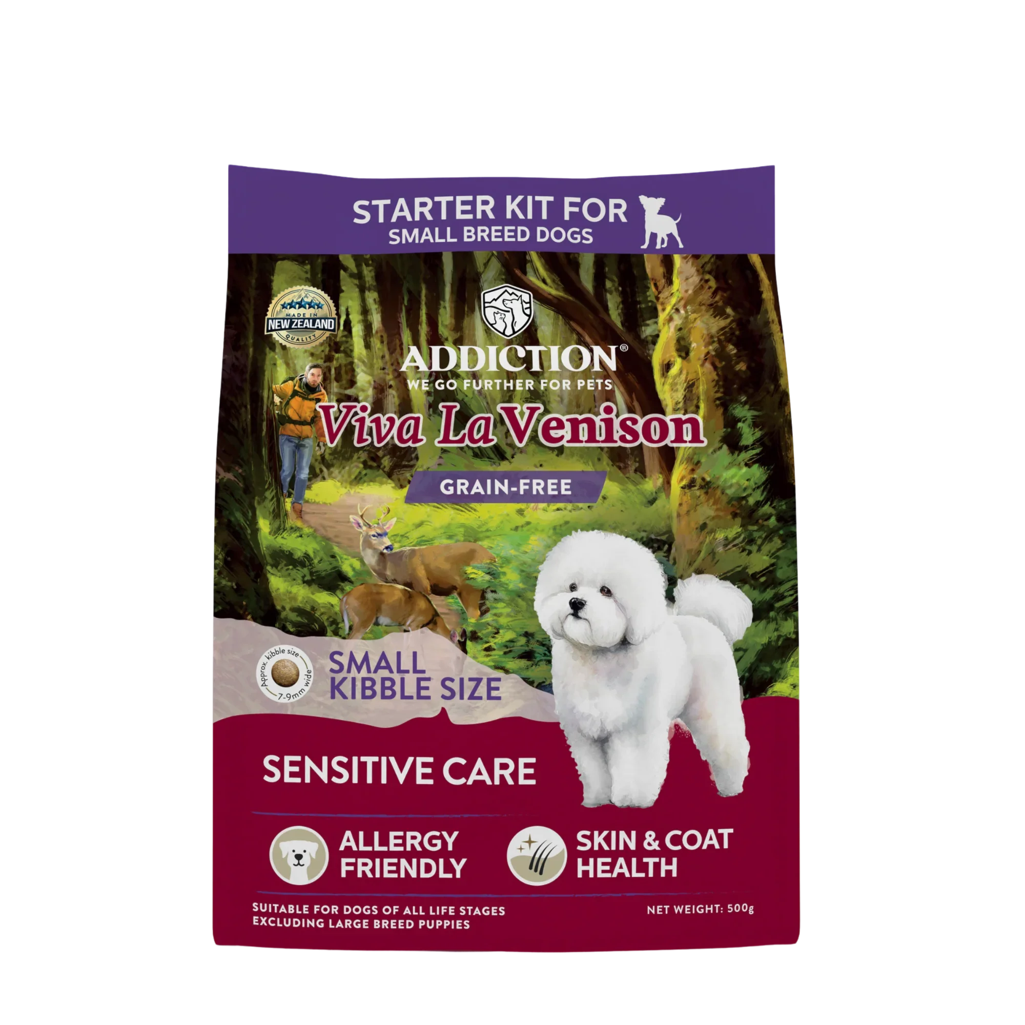 Grain-free dry dog food starter kit for small breeds, Addiction Viva La Venison, 500g