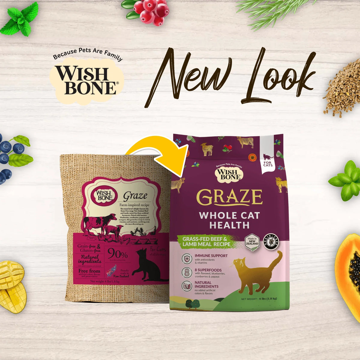 Wishbone Graze whole cat health pouch with 'New Look' callout