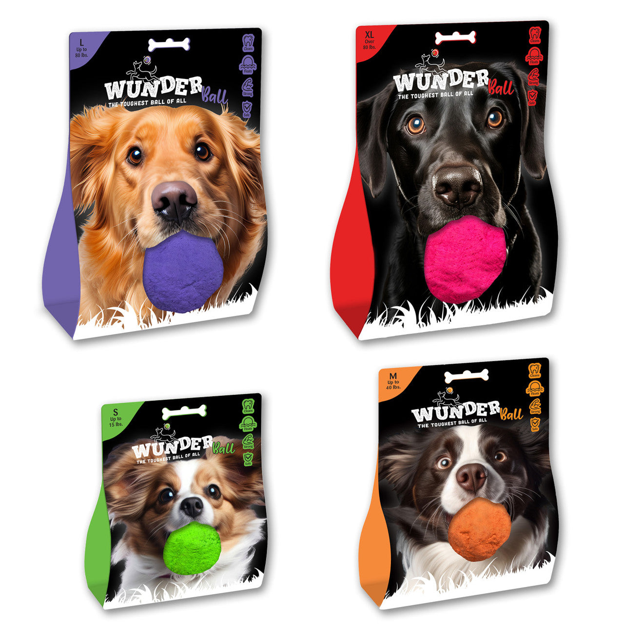 WUNDERball fetch toy multipack showing four sizes and colors
