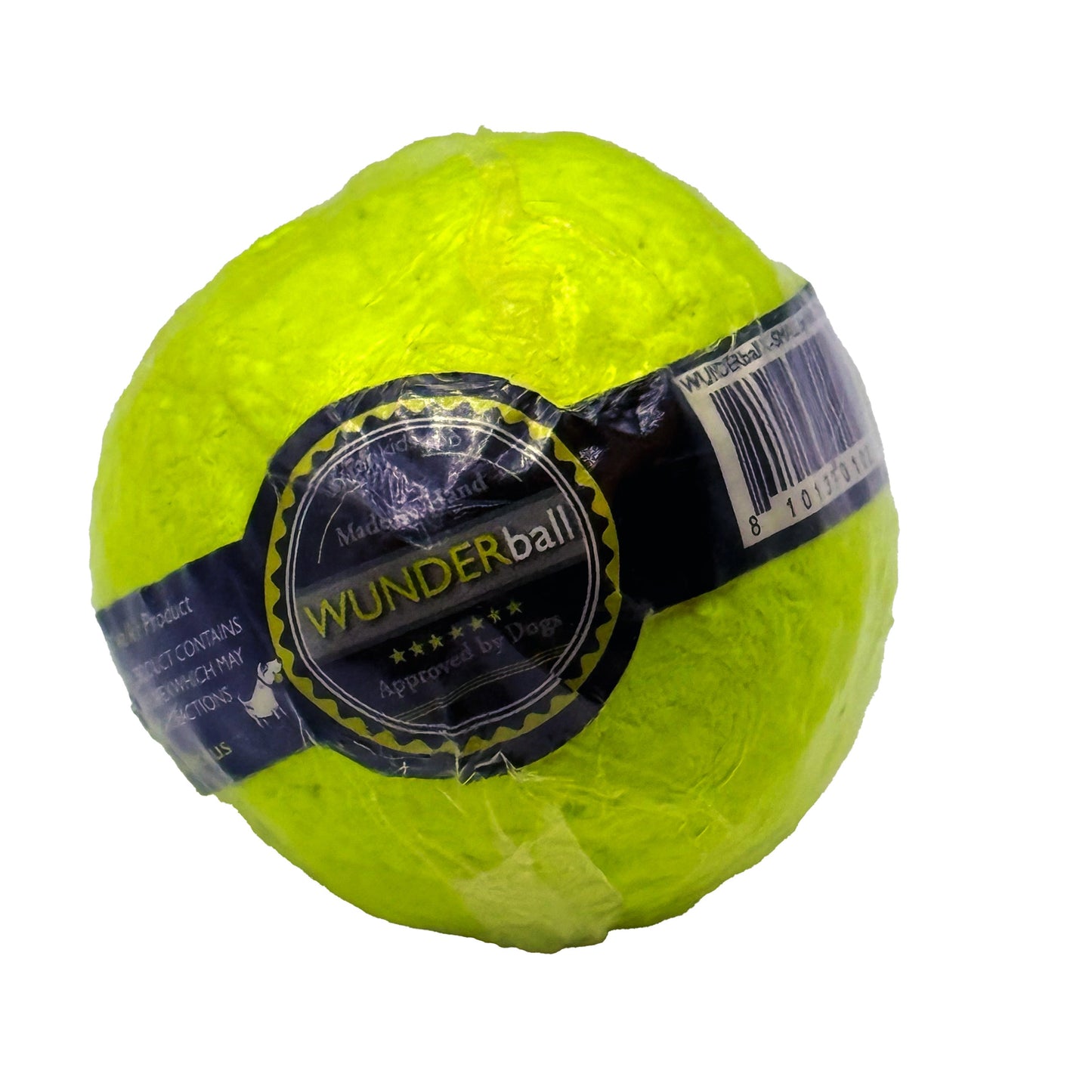 Fetch toy ball, lime green textured ball with circular WUNDERba label