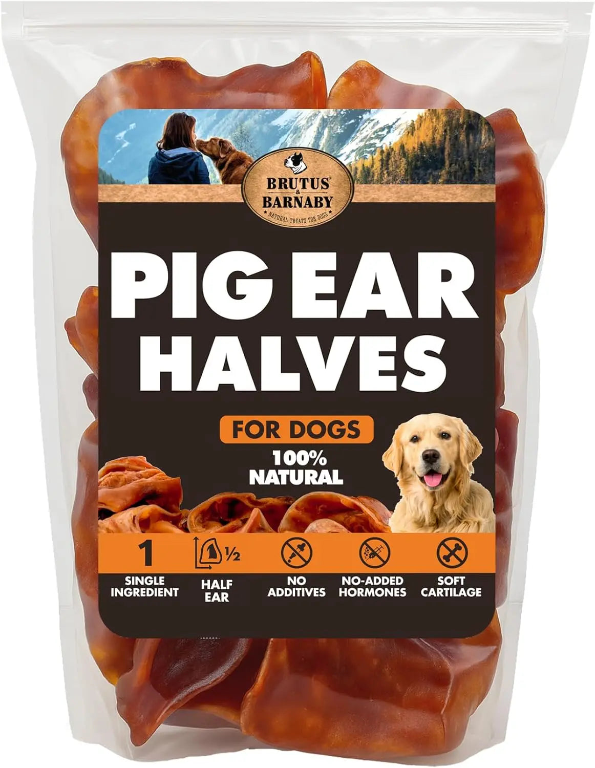 Pig ear halves for dogs, 100% natural single ingredient treat with no additives or hormones, soft cartilage texture