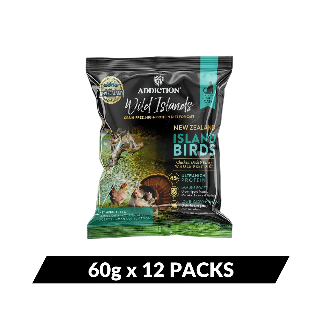 Wild Islands dry cat food bag multipack, New Zealand Island Birds, 60 g x 12