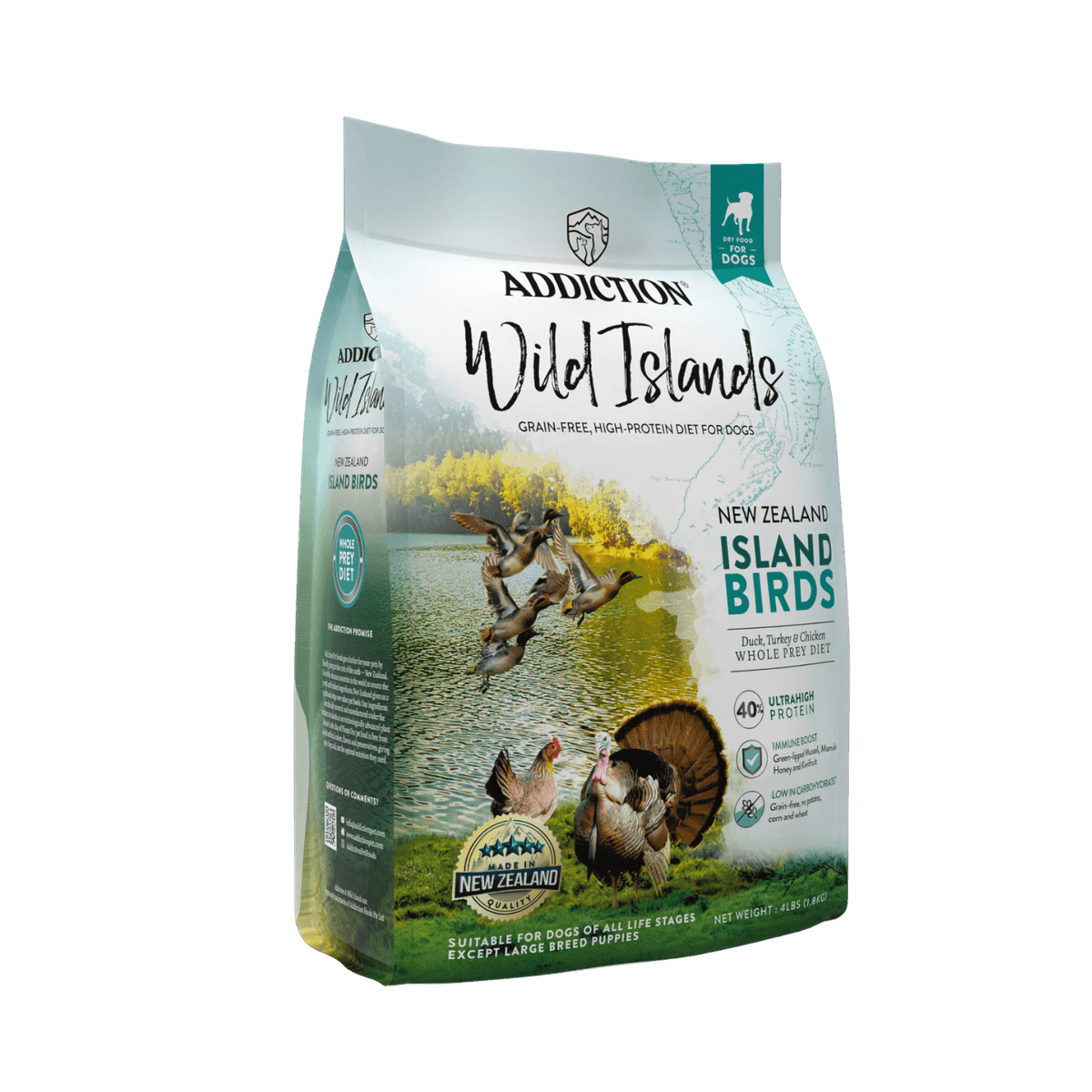 Premium dry dog food bag, New Zealand Island Birds whole prey diet