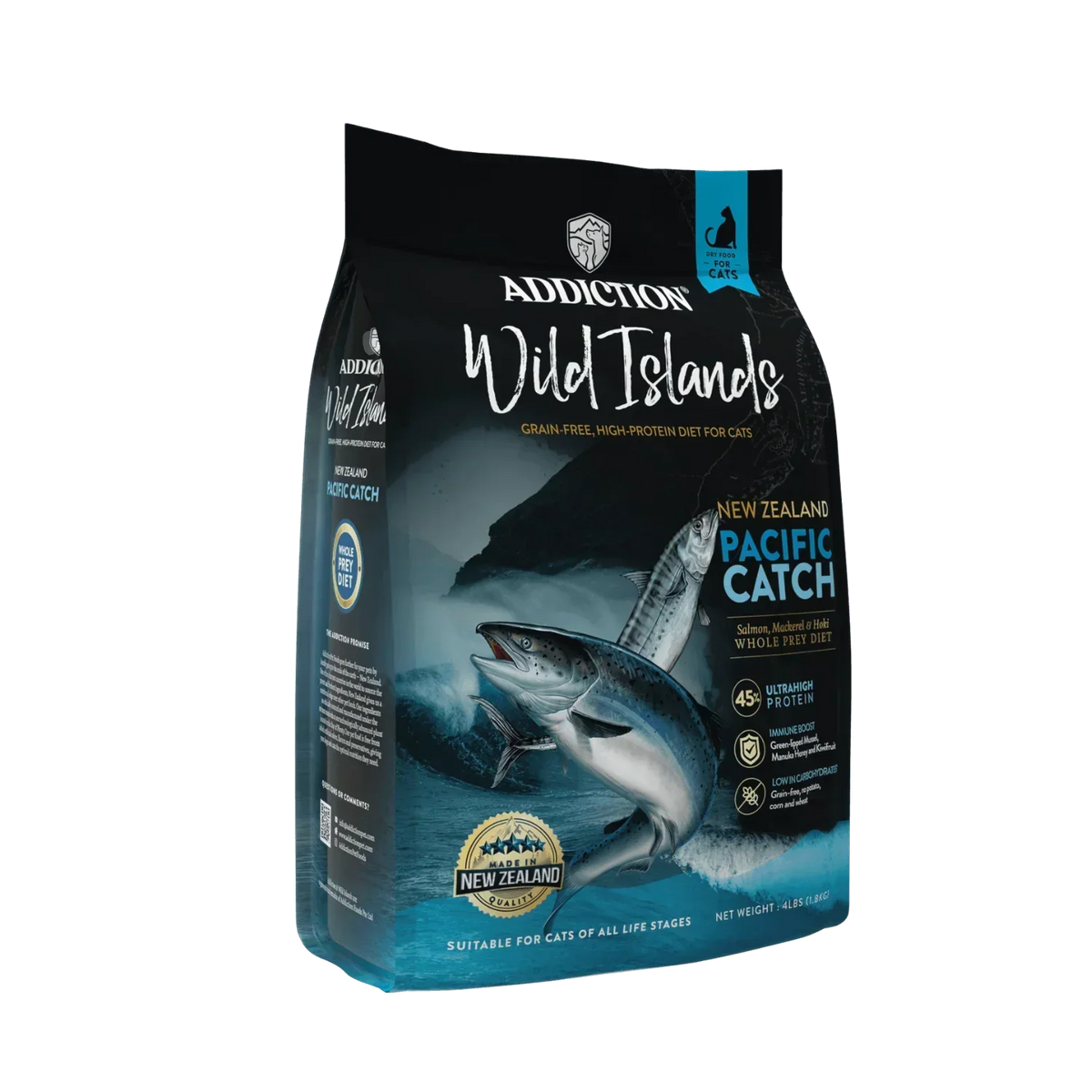 Wild Islands Pacific Catch dry cat food bag, front view with ocean fish artwork