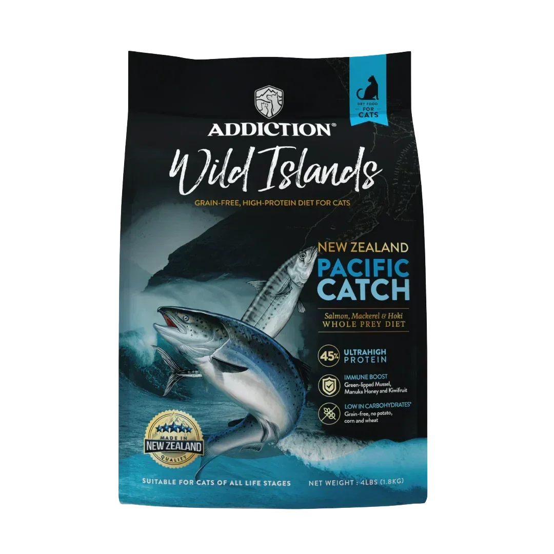 Dry cat food bag, Wild Islands Pacific Catch, New Zealand ocean fish design