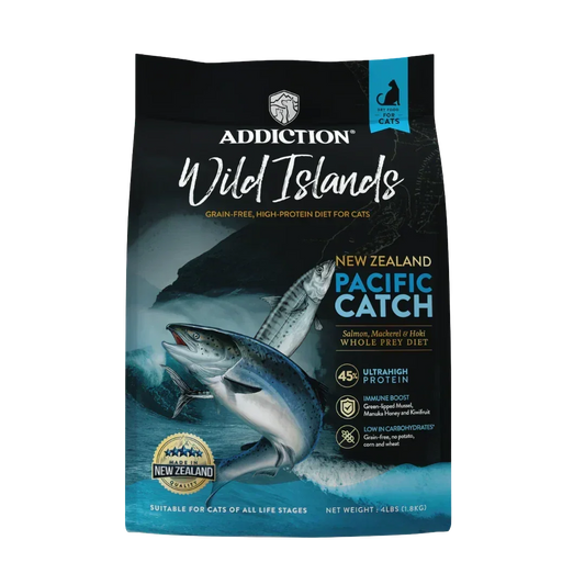 Dry cat food bag, Wild Islands Pacific Catch, New Zealand ocean fish design