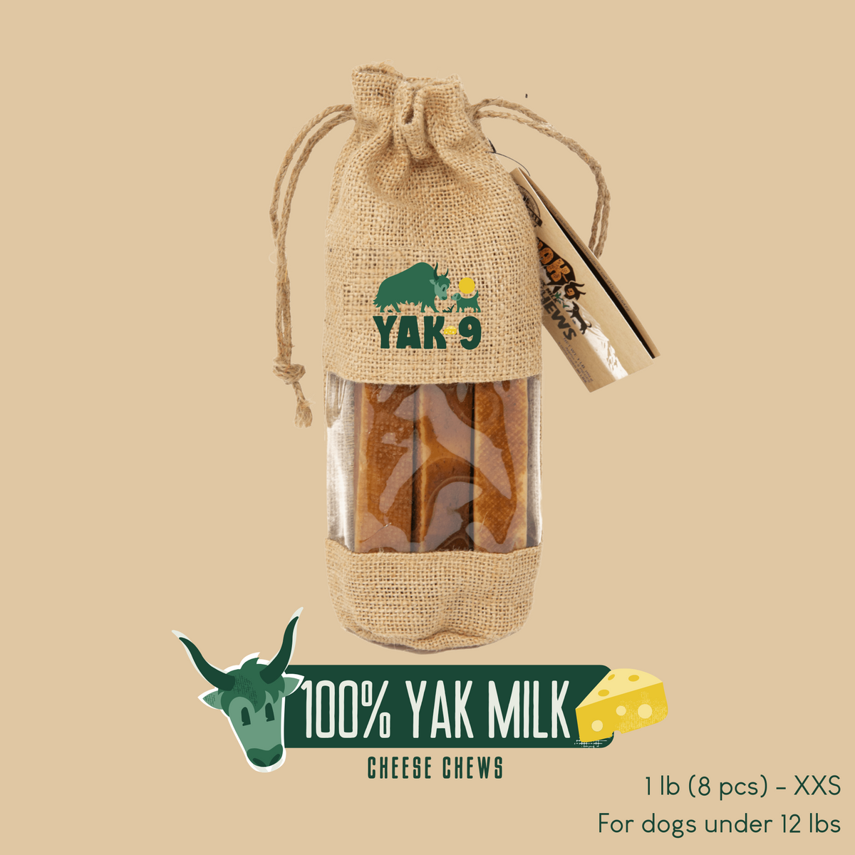 YAK 9 Yak milk cheese chews in burlap sack, 1 lb bag with chew pieces inside