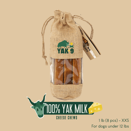 YAK 9 Yak milk cheese chews in burlap sack, 1 lb bag with chew pieces inside