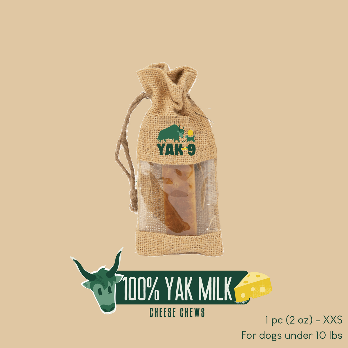 YAK 9 Yak milk cheese chews in burlap sack, small 1 pc bag with chew piece inside