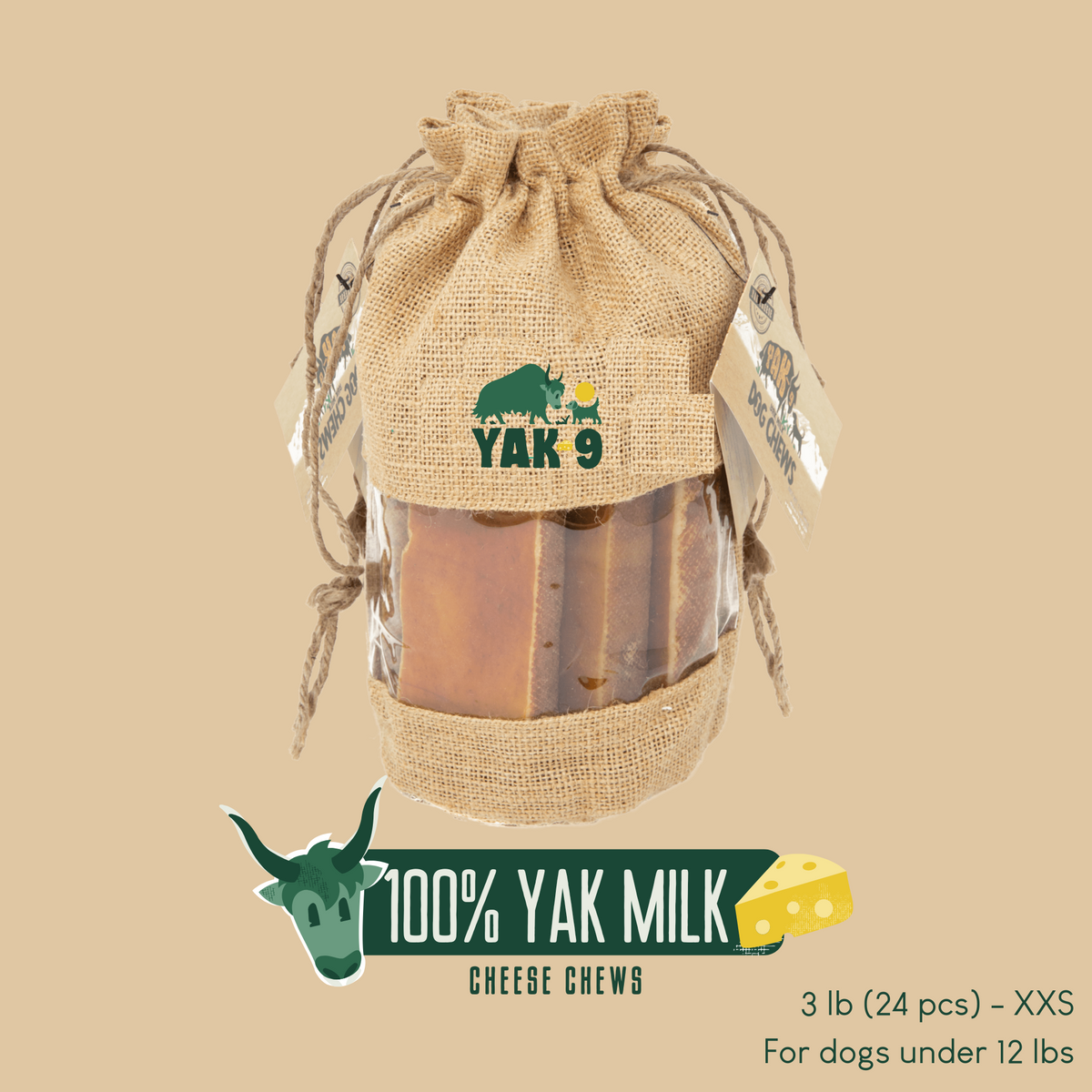 YAK 9 Yak milk cheese chews in burlap sack, 3 lb bag with multiple mini chew pieces