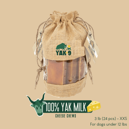 YAK 9 Yak milk cheese chews in burlap sack, 3 lb bag with multiple mini chew pieces