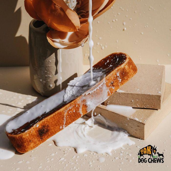 Yak milk dog chews: caramel-brown split sticks with speckles, coated in white milk