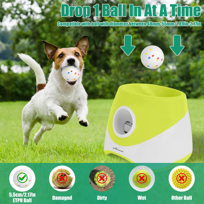 Green and white automatic ball launcher with top chute releasing a speckled ball