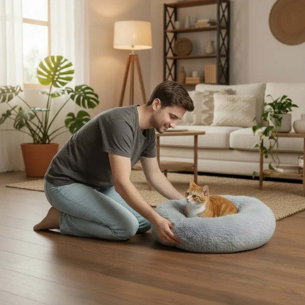 Man petting an orange cat resting in a Midfox Plush Donut Comfort Pet Bed in a living room.