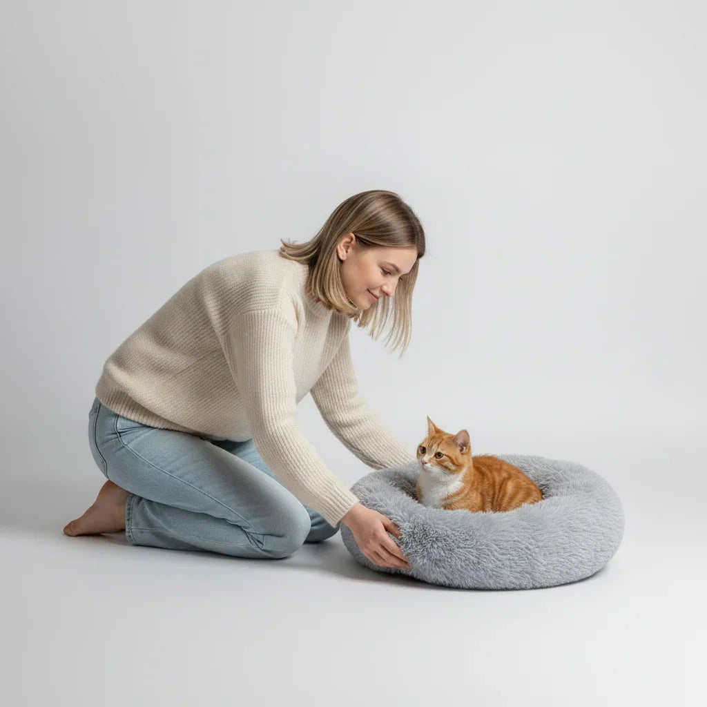 A woman placing an orange cat in a grey Midfox Plush Donut Comfort Pet Bed
