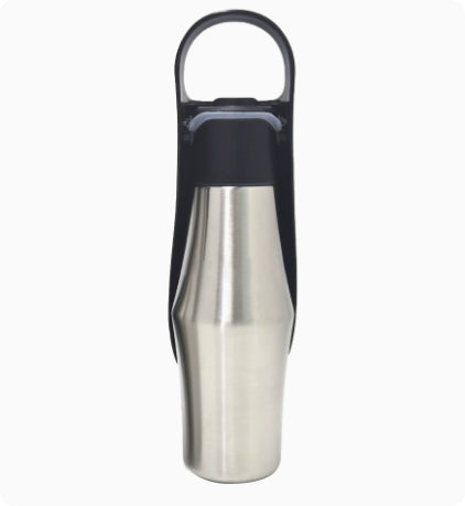 Black portable pet water bottle with stainless steel body and carrying handle