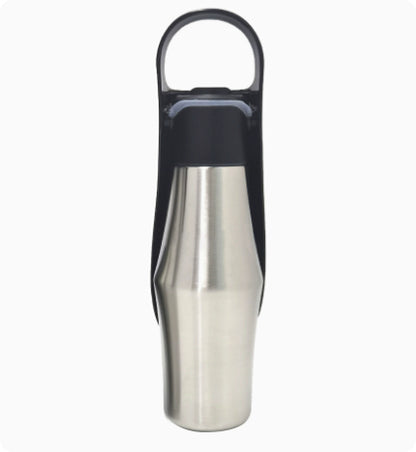 Black portable pet water bottle with stainless steel body and carrying handle
