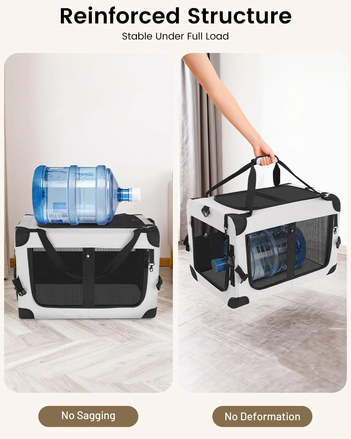 Soft-sided cat carrier with reinforced base and mesh door, grey/black, sturdy frame.