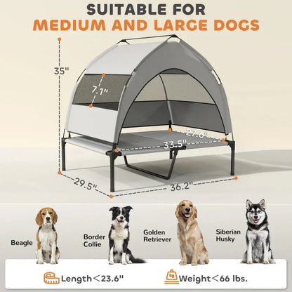 Light gray elevated dog bed with removable canopy and raised cot platform