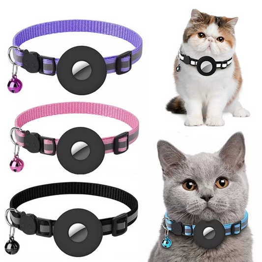 Set of reflective nylon pet collars with AirTag holder cases and small bell charms