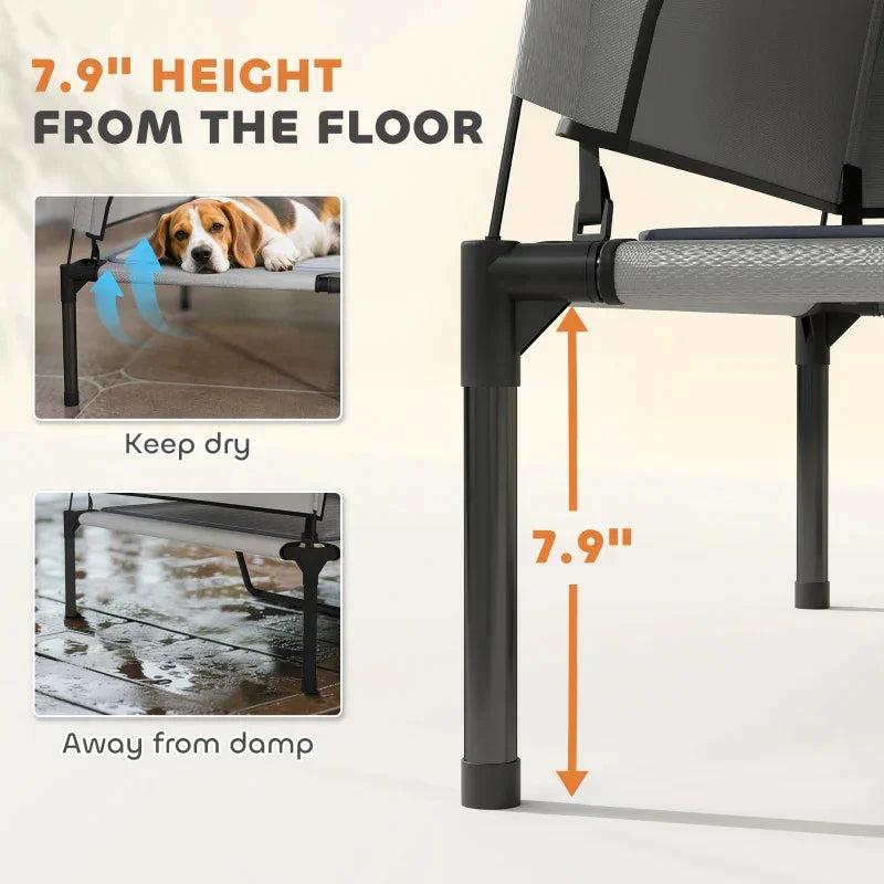 Light gray elevated dog bed legs keeping cot raised off the floor under canopy