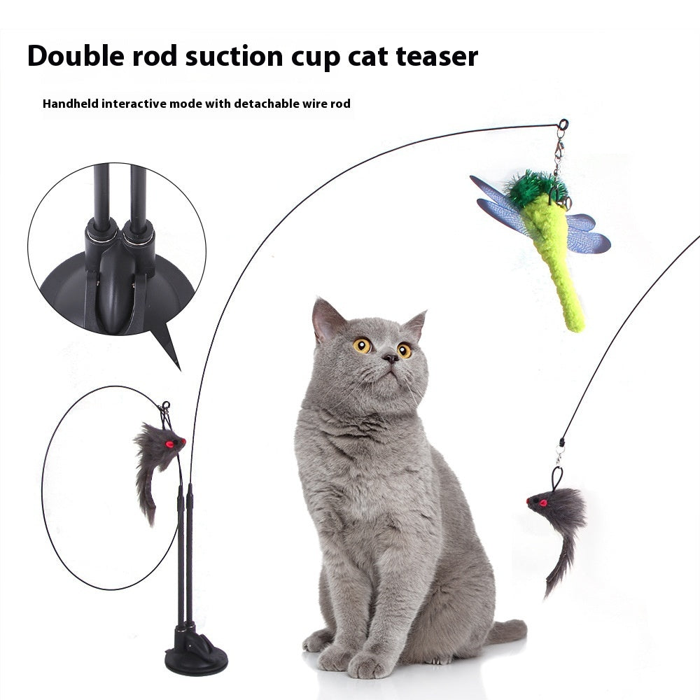Cat teaser toy with double rod suction base and detachable wire wands with butterfly plush