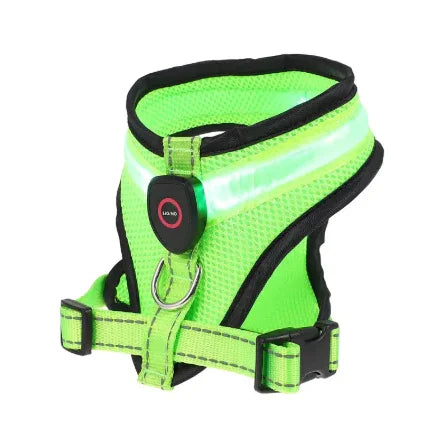 Green LED dog harness with breathable mesh and glowing light band, front buckle visible