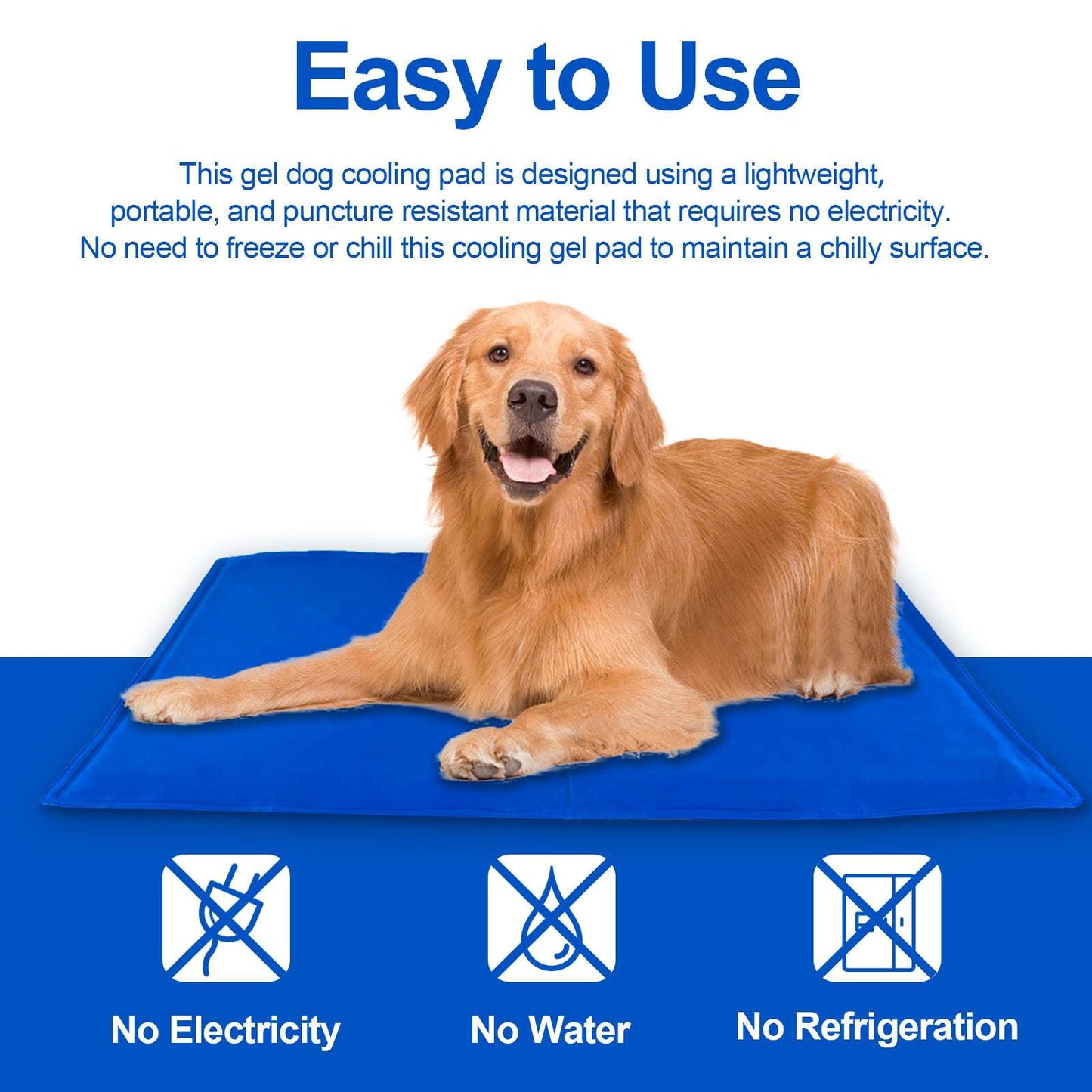Blue pet cooling mat with golden dog resting on top