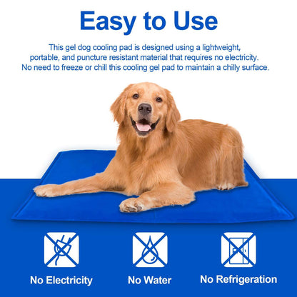 Blue pet cooling mat with golden dog resting on top