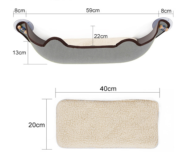 Cat window hammock dimensions, with dark trim and suction-cup corner mounts