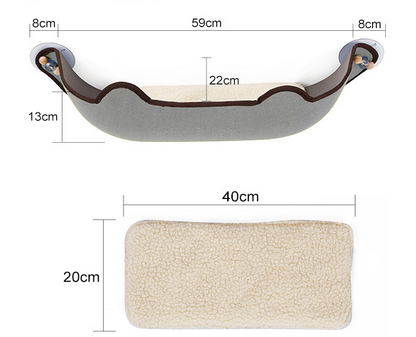 Cat window hammock dimensions, with dark trim and suction-cup corner mounts