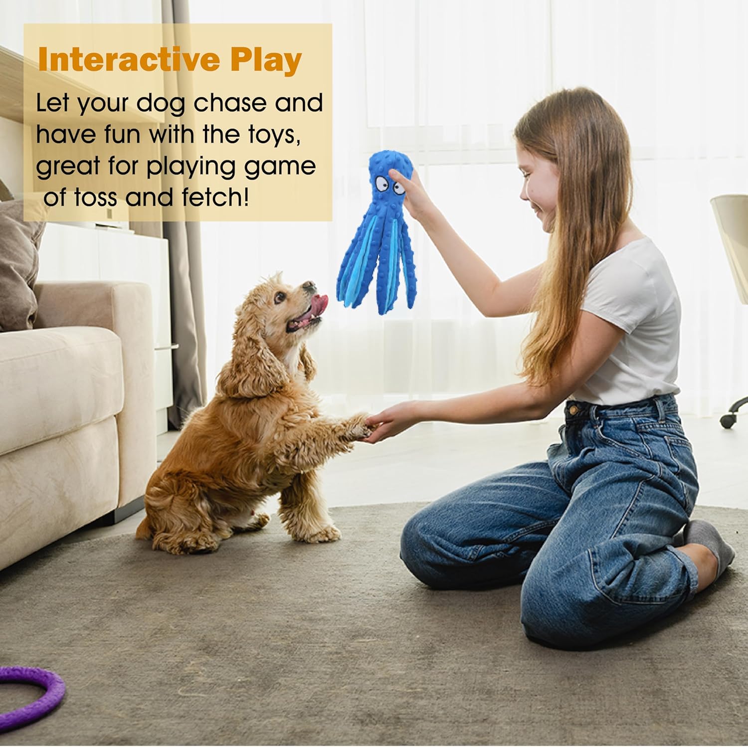 Blue octopus plush dog toy with long tentacles for interactive play
