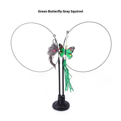 Cat teaser toy with green butterfly plush, gray squirrel tail, and dangling feather