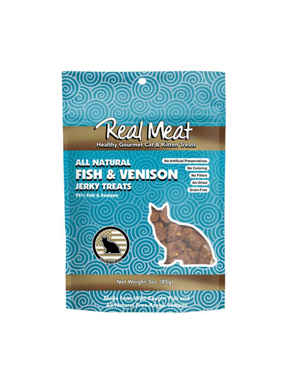 Real Meat cat jerky treats pouch, all natural fish & venison, 3 oz net wt