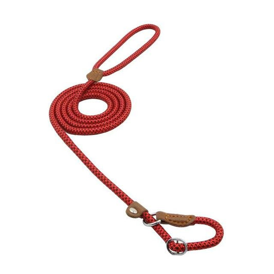 Braided nylon dog leash and collar set, red rope with brown leather tabs