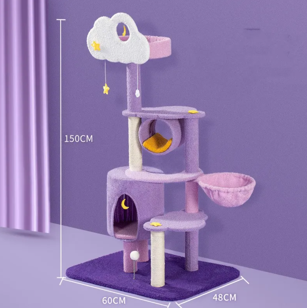Cat activity tower with purple base, lavender perches, moon-themed tunnel, and hanging toys