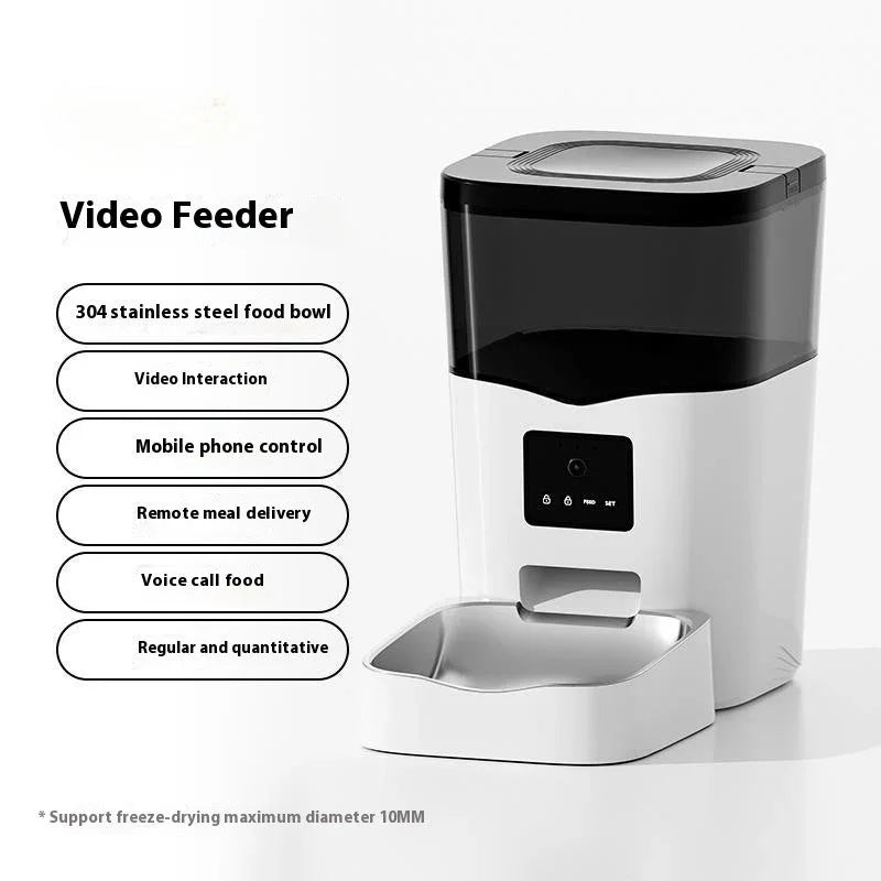 White automatic video feeder with stainless steel food bowl and black top lid