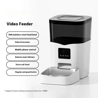 White automatic video feeder with stainless steel food bowl and black top lid