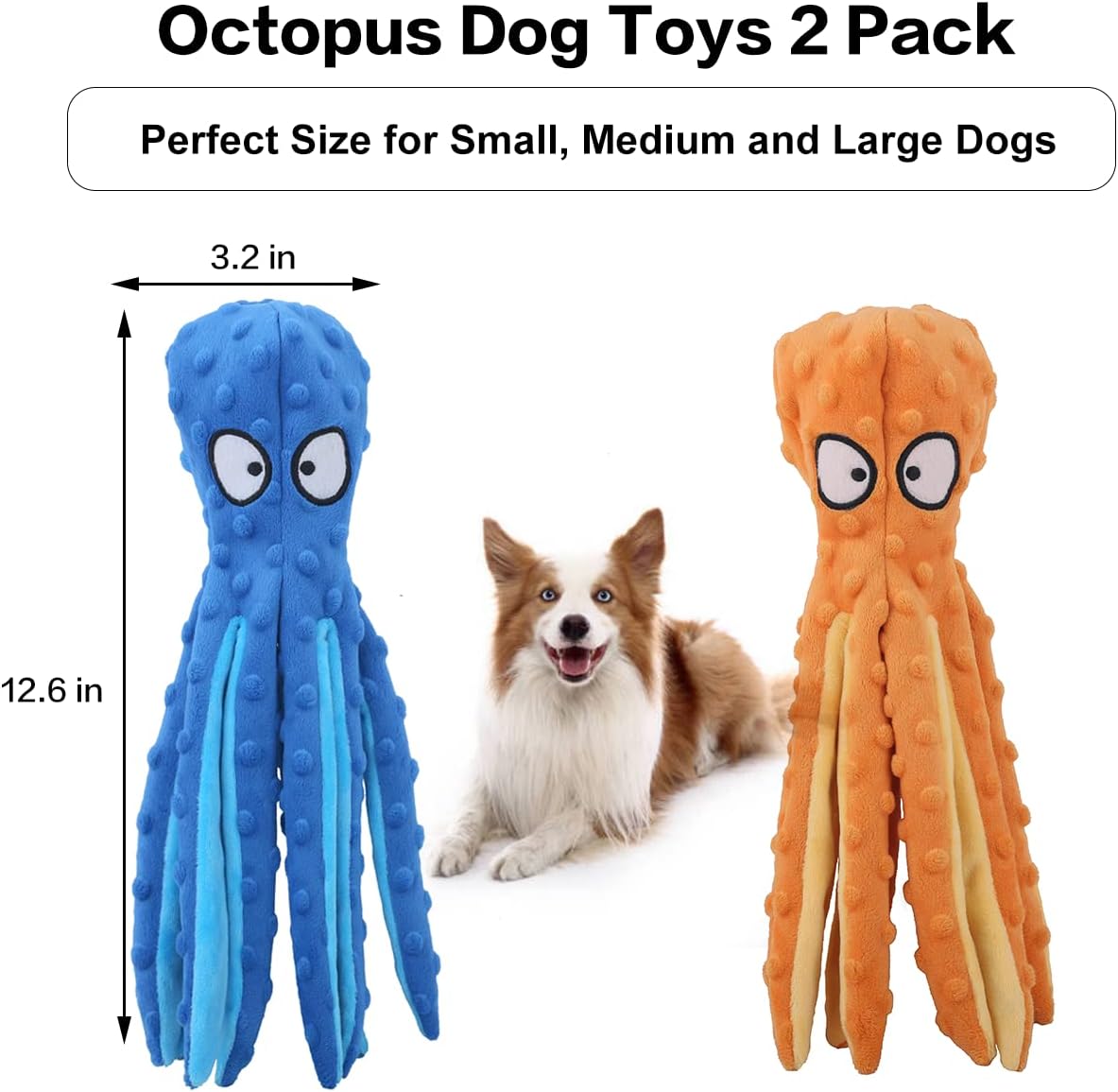 Two-pack of blue and orange octopus dog plush toys with long tentacles
