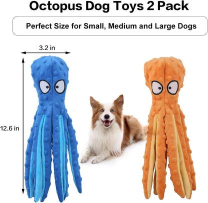 Two-pack of blue and orange octopus dog plush toys with long tentacles