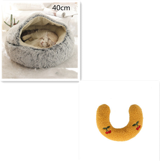 Light gray plush pet bed, U-shaped hood, 40cm; includes yellow U-shaped bolster